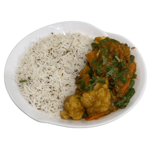 A wholesome meal featuring spiced mixed vegetables served with rice and your choice of naan or roti.